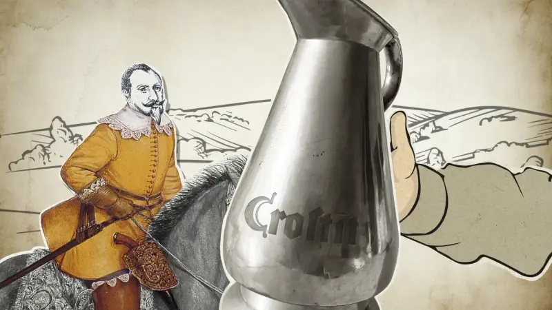 Illustration eines Mannes in gelber Kleidung auf einem Pferd neben einem silbernen Krug. Der Hintergrund ist gezeichnet.