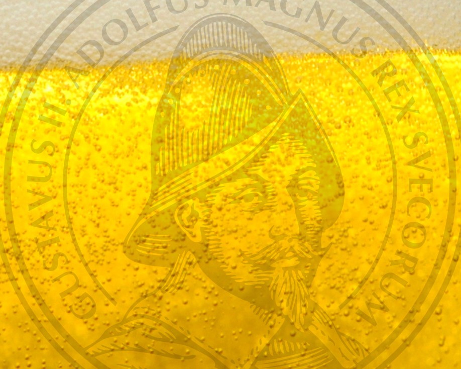 Gelbes Getränk mit Kohlensäure und Schaum enthält das eingravierte Porträt einer historischen Figur.