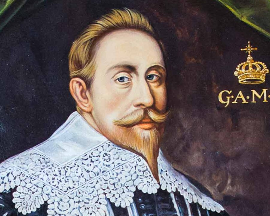 Ein gemaltes Porträt zeigt einen Mann mit Schnurrbart und Kragen in Spitze.