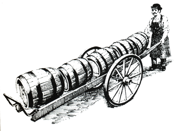 Ein Mann schiebt eine Holzfassreihe auf eine Schubkarre. Die Fässer sind detailliert dargestellt.