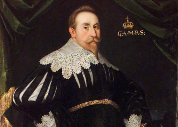 Ein Porträt eines Mannes in historischer Kleidung vor einem dunklen Hintergrund. Er trägt einen Kragen mit Spitzen und blickt ernst.