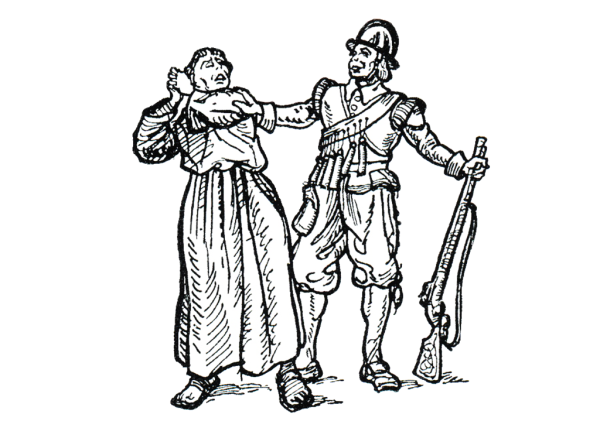 Zwei historisch gekleidete Männer, einer greift den anderen am Arm, der eine Flinte hält.