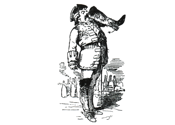 Eine Zeichnung zeigt eine Person in historischer Kleidung mit langem Horn.