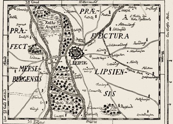 Alte Karte der Umgebung von Leipzig zeigt Flüsse, Wälder und Ortsnamen.
