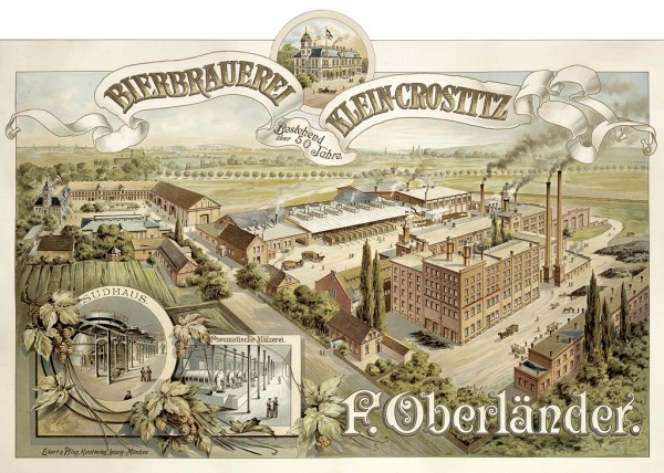 Historische farbige Darstellung einer Brauerei mit verschiedenen Gebäuden und Sudhaus.