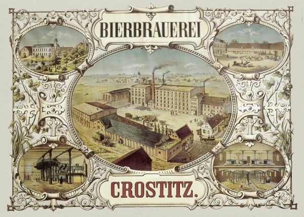Historische Zeichnungen einer Brauerei mit Gebäudeansichten und Umgebung sind abgebildet.