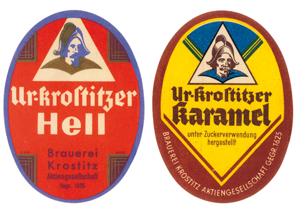 Zwei ovale Bieretiketten zeigen historische Portraits und Textelemente.