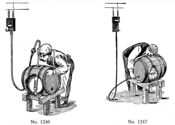 Ein Arbeiter pumpt Flüssigkeit aus einem Fass mittels einer mechanischen Pumpe. Ein zweiter Arbeiter führt eine ähnliche Tätigkeit durch.