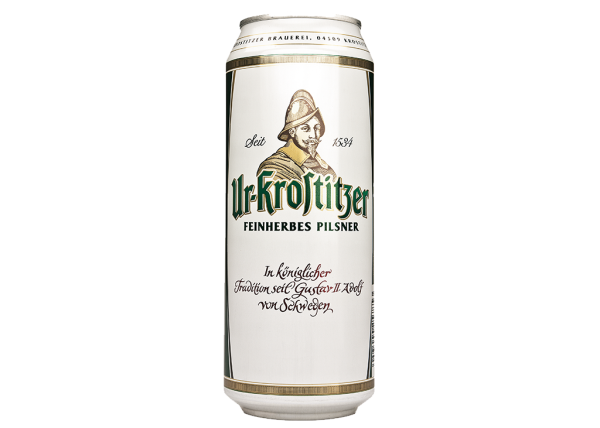 Eine weiße Bierdose mit grüner Schrift und einem historischen Porträt.
