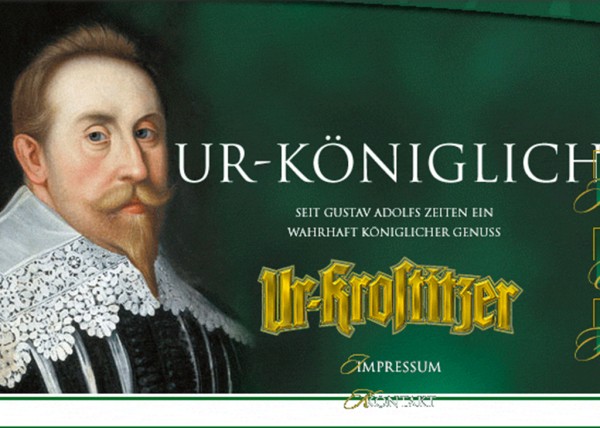 Ein gemaltes Porträt eines Mannes mit Bart und Spitzenkragen erscheint neben goldener Schrift auf grünem Grund.