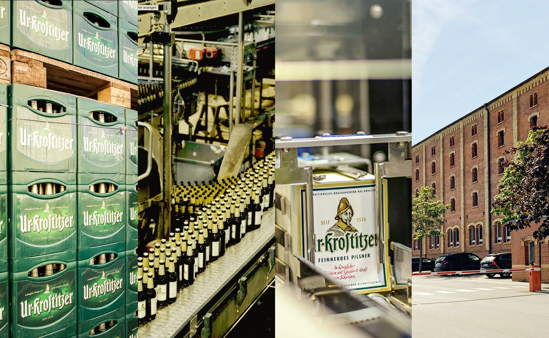 Bierkästen sind gestapelt neben einer Flaschenabfüllanlage in einer Brauerei, rechts sieht man ein großes Ziegelgebäude.