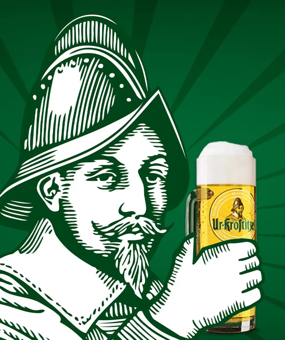Eine illustrierte Figur mit Helm hält ein Glas Bier in der Hand. Sie hat einen markanten Schnurrbart und trägt traditionelle Kleidung.