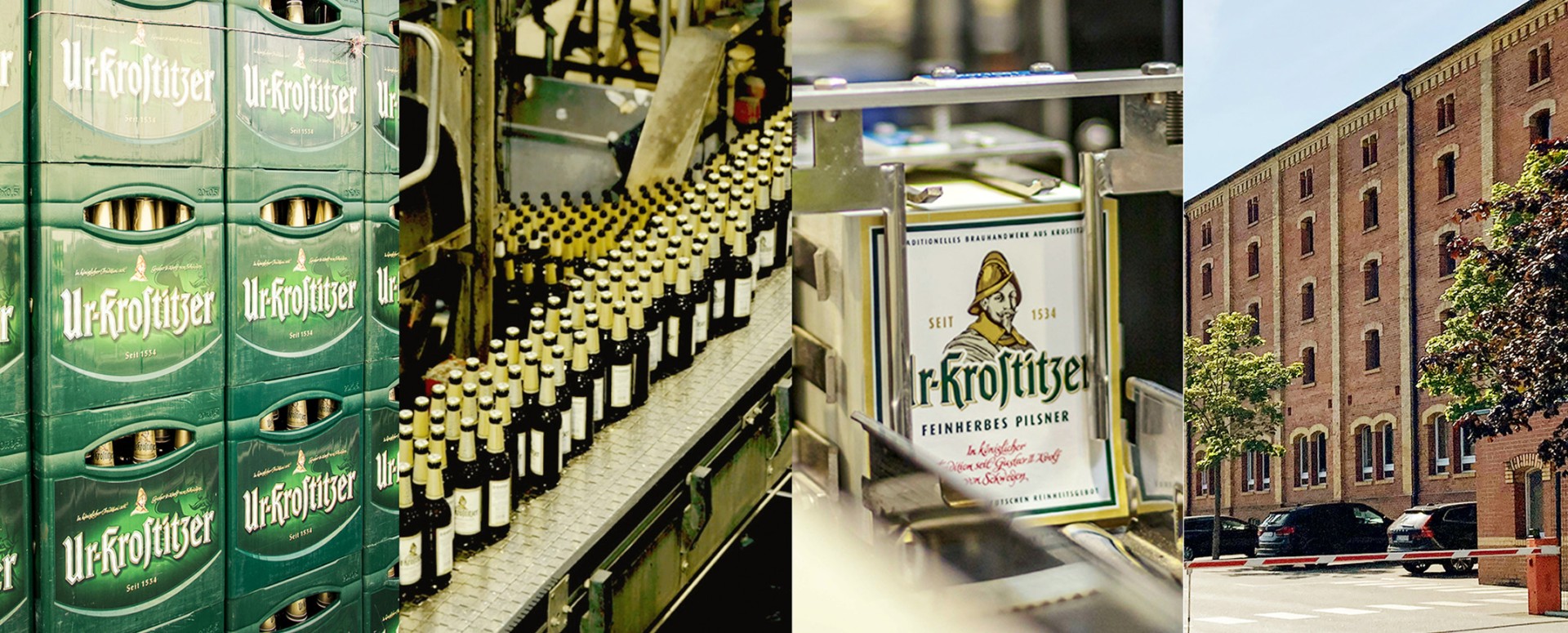 Bierkästen sind gestapelt, Flaschen laufen auf einem Förderband und ein großes backsteinernes Gebäude ist sichtbar.