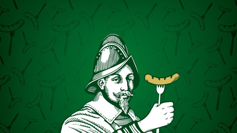 Grün-weiße Zeichnung von Gustav II Adolf mit einer Gabel und einer aufgespießten goldenen Wurst in der Hand vor grünem Hintergrund.