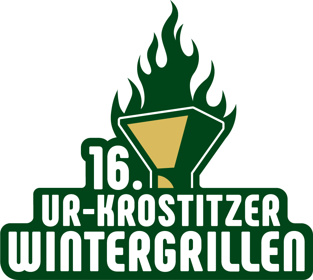 Logo eines stilisierten brennenden Girlls auf weißem Hintergrund, darunter ein Schriftzug sechzehntes Ur Krostitzer Wintergrillen.