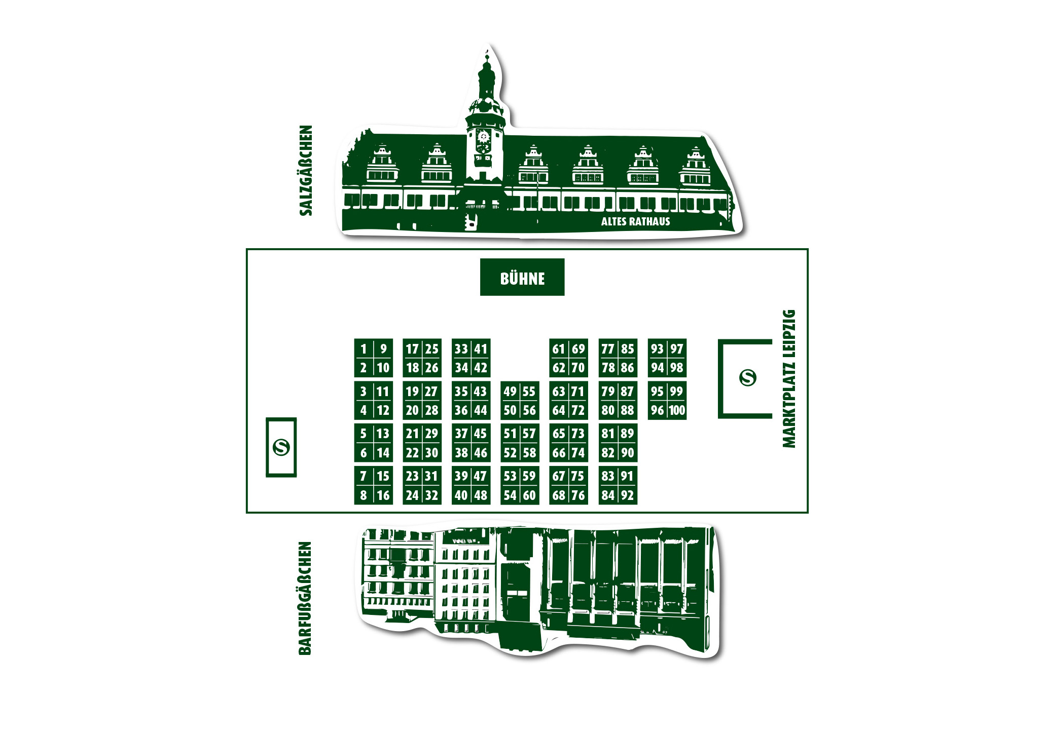 Vereinfachter Lageplan des Leipziger Marktplatzes. In der Mitte 100 eingezeichneten nummerierten Quadraten. alle Elemente in grün. 