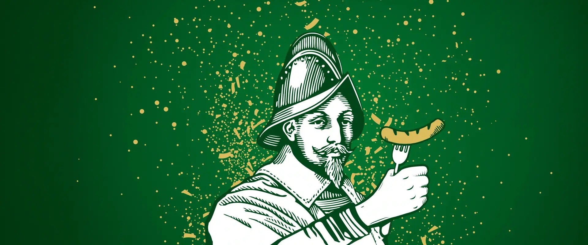 Ein illustrierter Feuerwehrmann hält eine Wurst auf einer Gabel vor einem grünen Hintergrund.