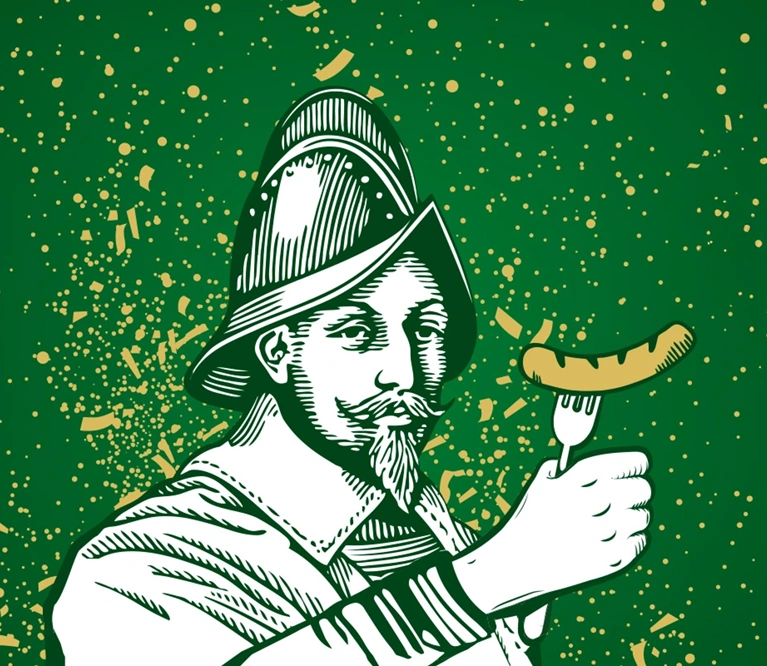 Ein illustrierter Feuerwehrmann hält eine Wurst auf einer Gabel vor einem grünen Hintergrund.