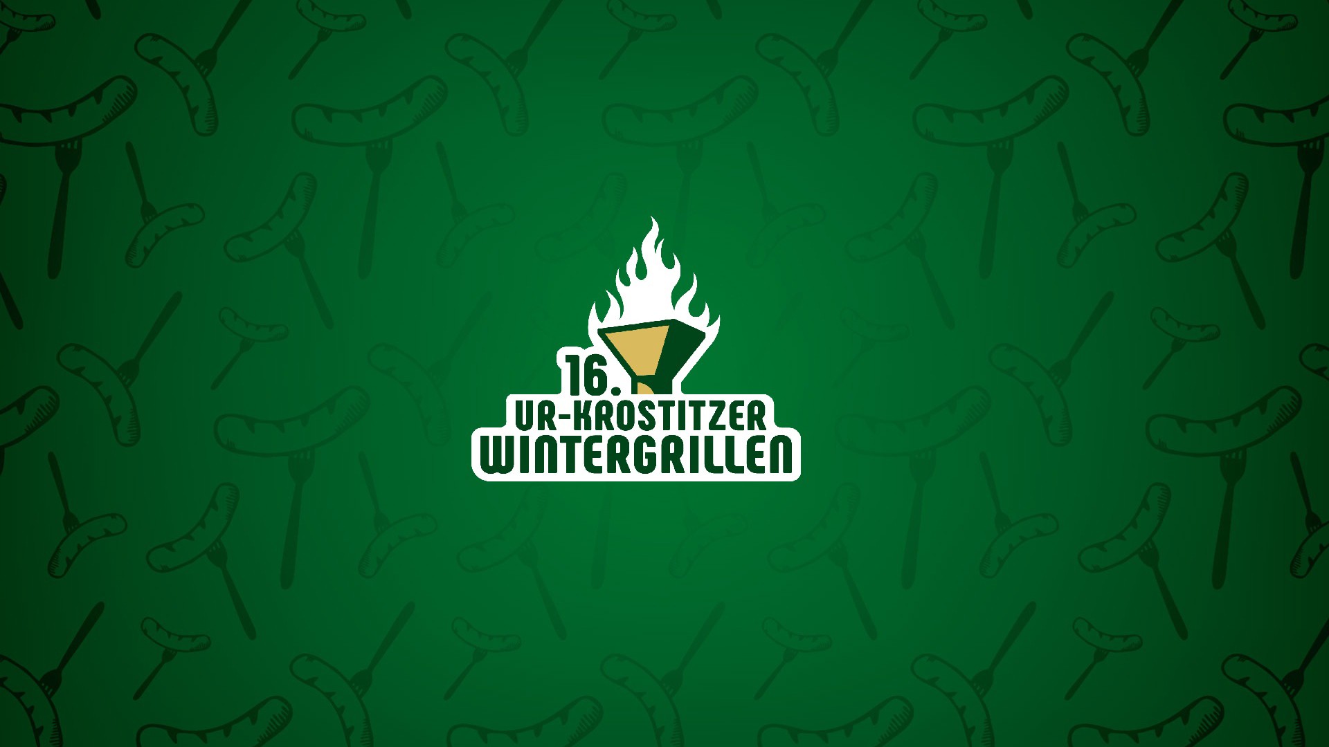 Logo eines stilisierten brennenden Girlls auf einem dunkelgrünen Hintergrund, darunter ein Schriftzug 16. Ur Krostitzer Wintergrillen.