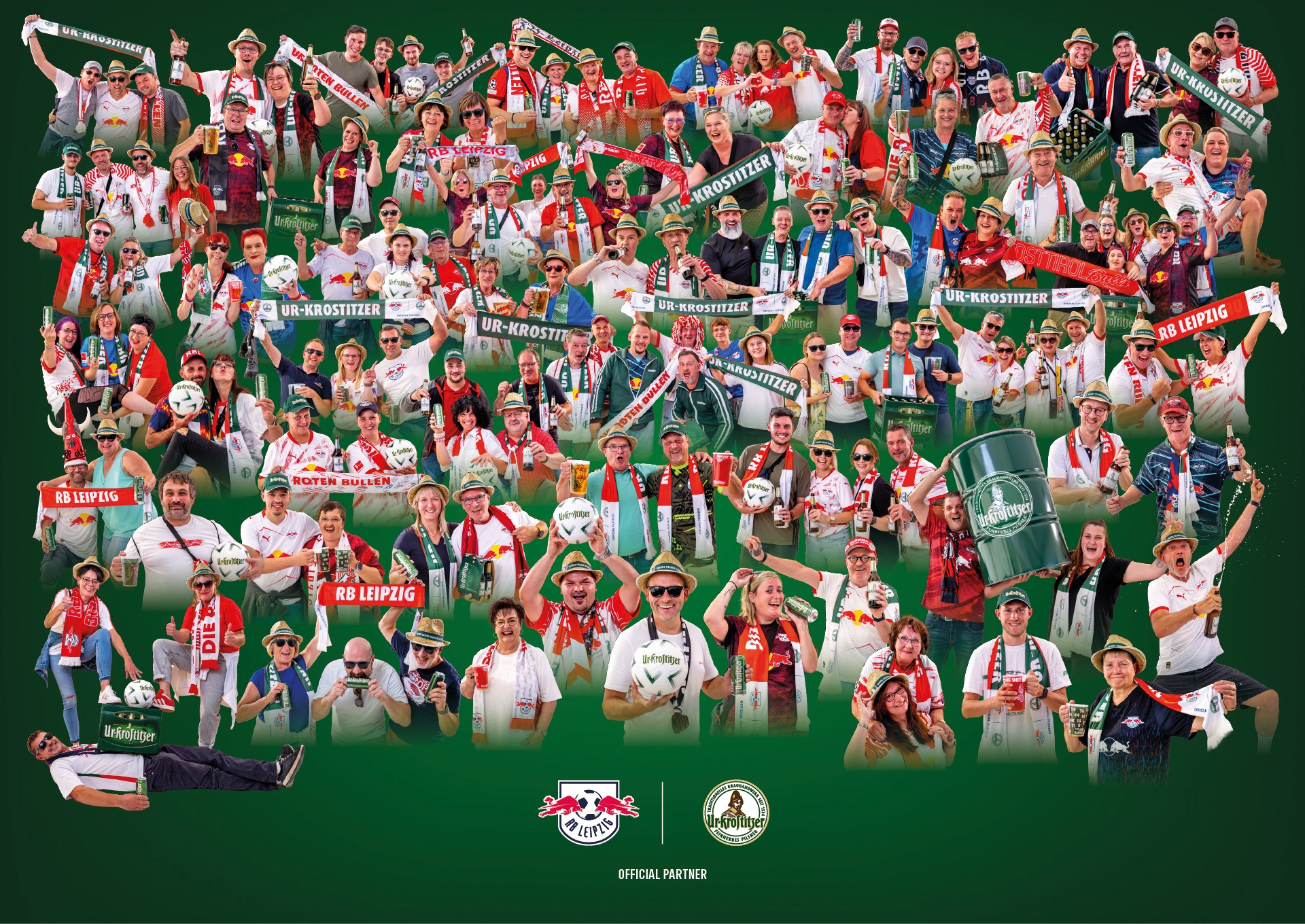 Collage von vielen Personen nebeneinander und untereinander mit RB Leipzig und Ur Krostitzer Fan Devotionalien, darunter die Logos von RB Leipzig und Ur- Krostitzer.