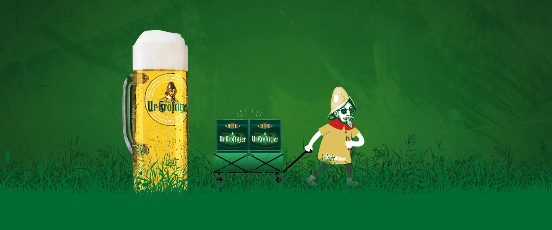 Ein großes Bierglas mit Schaum befindet sich links neben einer stilisierten Figur in Hopfenform, die ein kleines Bier hält.