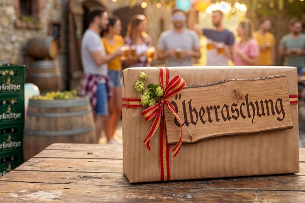Ein eingepacktes Paket steht auf einem Holztisch, dahinter feiern Menschen und trinken Bier.