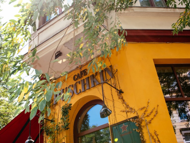 Ein gelbes Cafégebäude mit grünen Blättern vor einem Bogenfenster ist abgebildet.