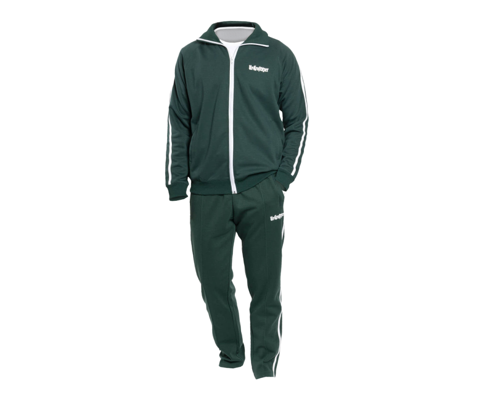 Dunkelgrüner  Freizeitanzug von Ur-Krostitzer bestehend aus Jogginghose und  Jacke mit durchgehenden weißen Streifen an den Seiten.